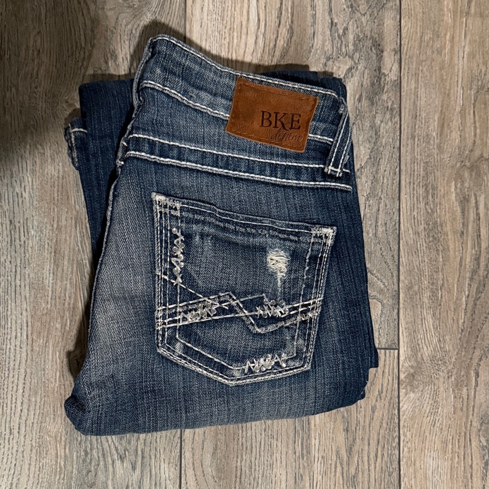 BKE Women's Boot Cut Jeans - Dark Blue Denim with White Stitching
